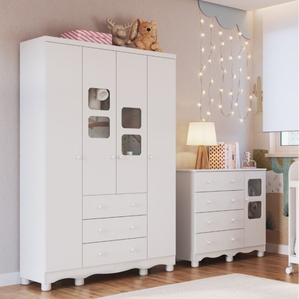 Quarto Infantil com Guarda Roupa 4 Portas e Cômoda 1 Porta com Janela Mimo Espresso Móveis Branco/Brilho Branco Brilho