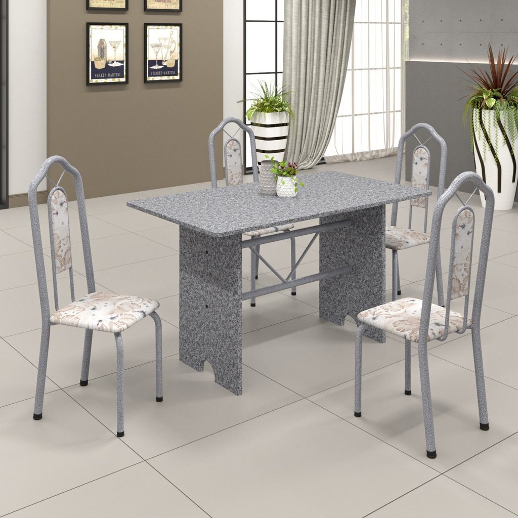 Conjunto de Mesa 120x75cm Tampo Granito com 4 Cadeiras Bianca Soma Móveis Prata/Martelado/Ocre/Botanic Bege Martelado
