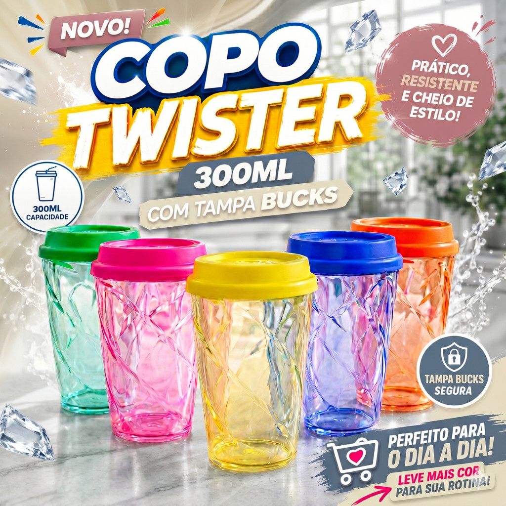 KIT 15 TWISTER 300ML CRISTAL COM TAMPA BUCKS PARA FESTA ANIVERSÁRIO CASAMENTO