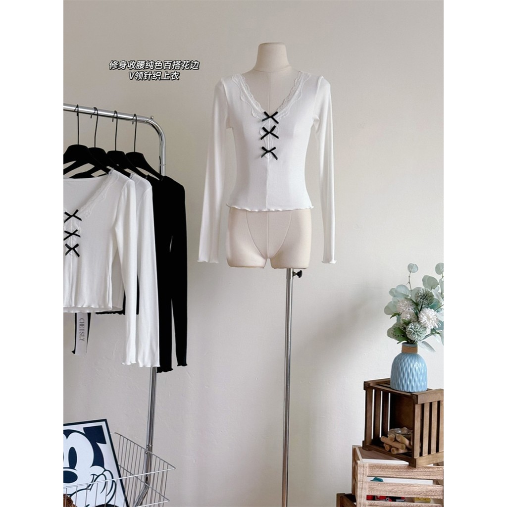 Arco renda renda com decote em v manga comprida camiseta feminina 2024 primavera magro-ajuste curto branco camisa de fun