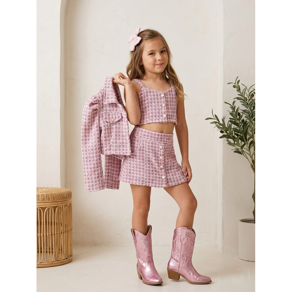 Conjunto três peças Casaco, Cropped e Short Saia Tweed Moda Infantil feminina Meninas estilosa