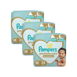 Kit 3 Fralda Pampers Premium Care Tamanho M Pacote Mega 34 Fraldas Descartáveis