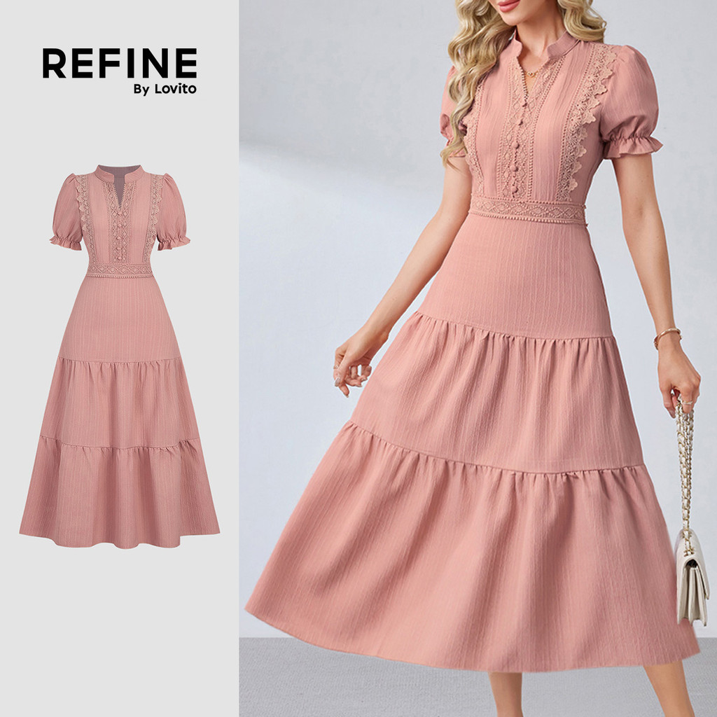 (Refine by Lovito) Vestido Elegante com Renda e Fecho em Corderosa para a primavera/verão Bordado LR35L019