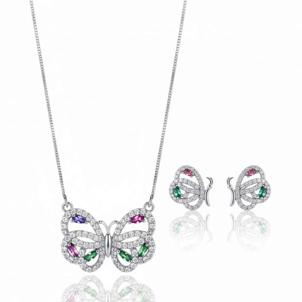 Conjunto de Colar e Brincos em Formato Borboleta Segmentada Pavé com Zircônias - PRATA - COLORS - LABRILHO Joias - Banha