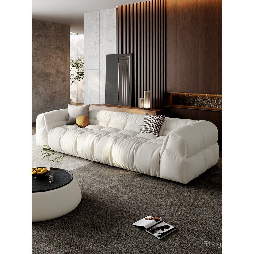 Sofá de Couro Genuíno Creme Moderno para Sala de Estar, Estilo Minimalista Italiano, Couro de Alta Qualidade, Sofá de Co