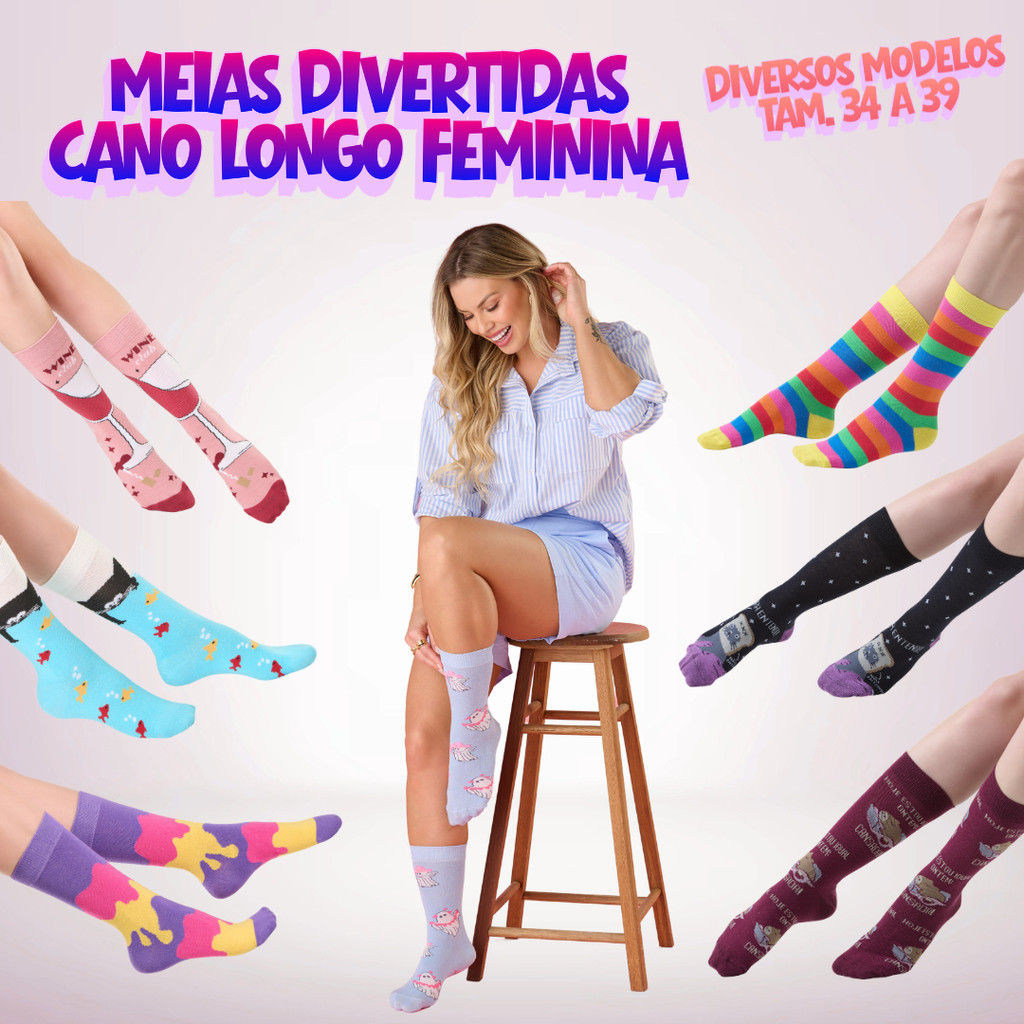 Meia Casual Cano Longo Divertida Feminino - Tamanho 34 ao 39