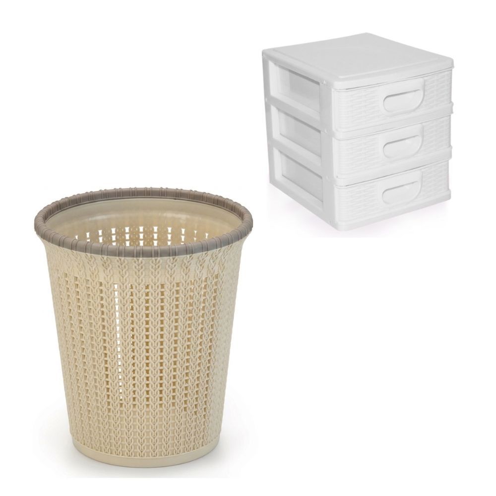 Combo Organização Volta Ao Escritório Lixeira Rattan + Mini Gaveteiro 3 Gavetas