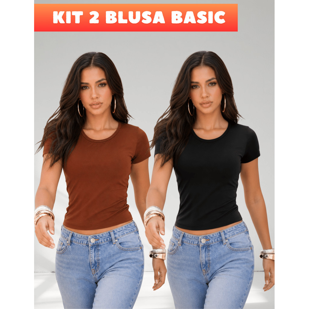 Kit 2 Blusinhas Baby Tee Feminina Slim Fit Manga Curta Camiseta Básica Lisa Baby Look