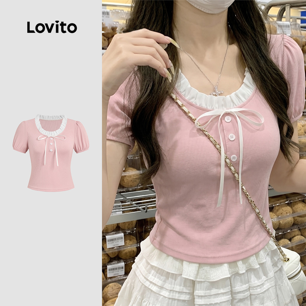 Lovito Casual T-shirt com Cadarço Simples e Casual Primavera/verão Rosa para mulheres Bordado LK4AD460
