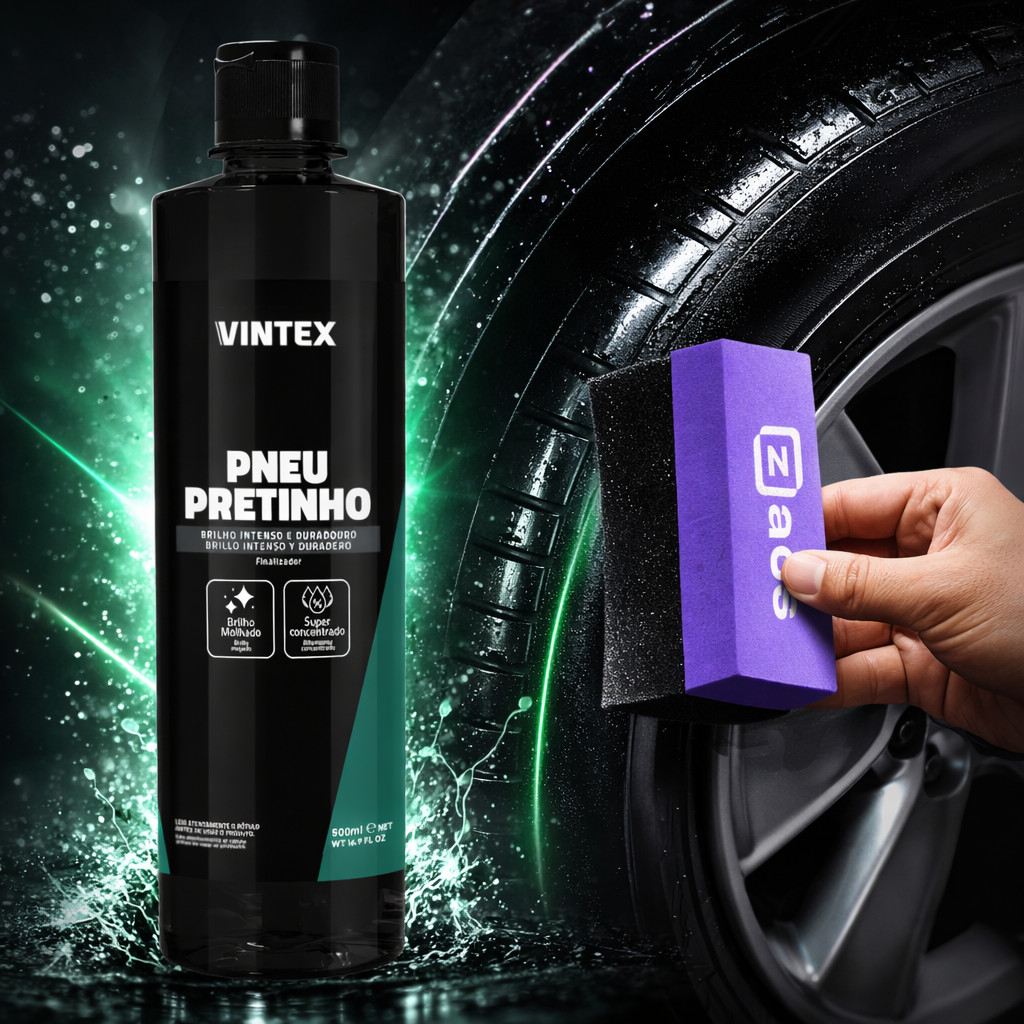 Pneu Pretinho Automotivo Brilhante 500ml + Aplicador Curvo para Pneus