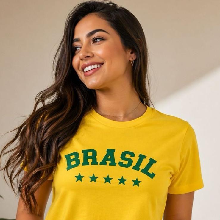 Blusa Feminina Brasil Camiseta T-shirt Copa do Mundo Casual 100% Algodão 30.1 Camisa Copa Bis Mix