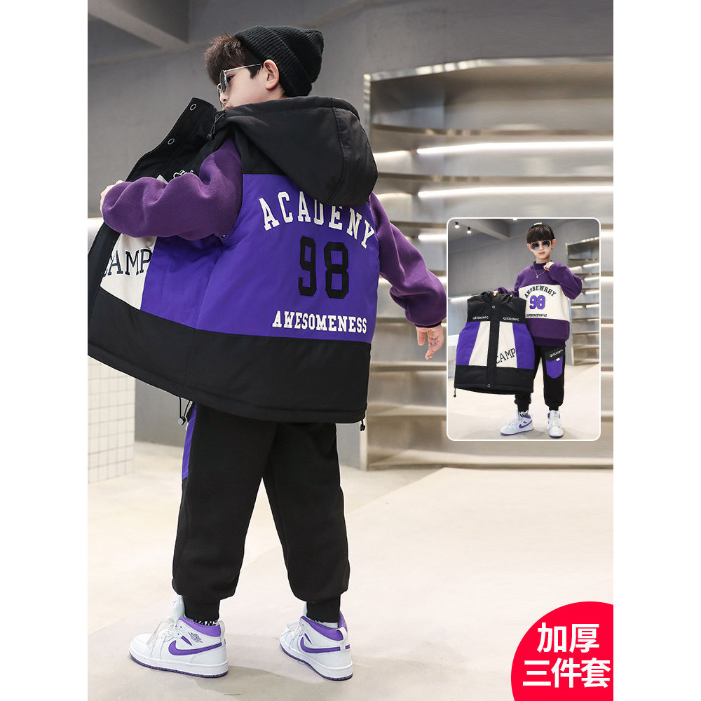Roupas infantis roupas infantis meninos roupas de inverno terno 2025 novo estilo forro de lã engrossado terno de três pe