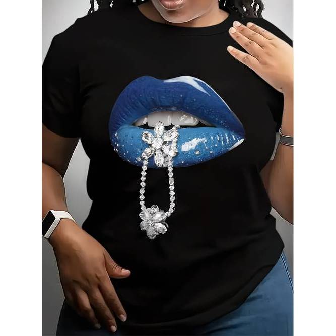 「Mina Hana」Camiseta Feminina Tema Labios Azuis e Rolo de Diamante Estampa Colorida Confortável Linda Estilosa Verão