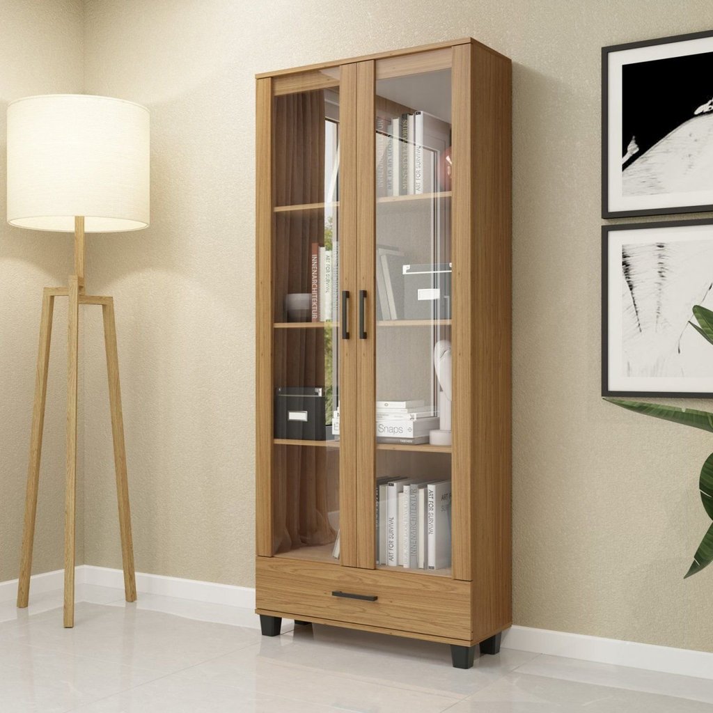 Armário para Escritório 77cm 2 Portas de Vidro 1 Gaveta MDF Freijó Marrom Freijó