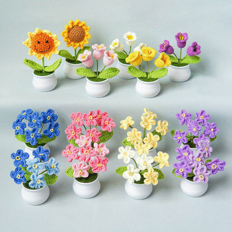 1Pc Artificial Malha Flor Boutique Artesanal Crochê Girassol Do Vale Vaso Acabado Buquê Tecido Casa Decoração De Mesa