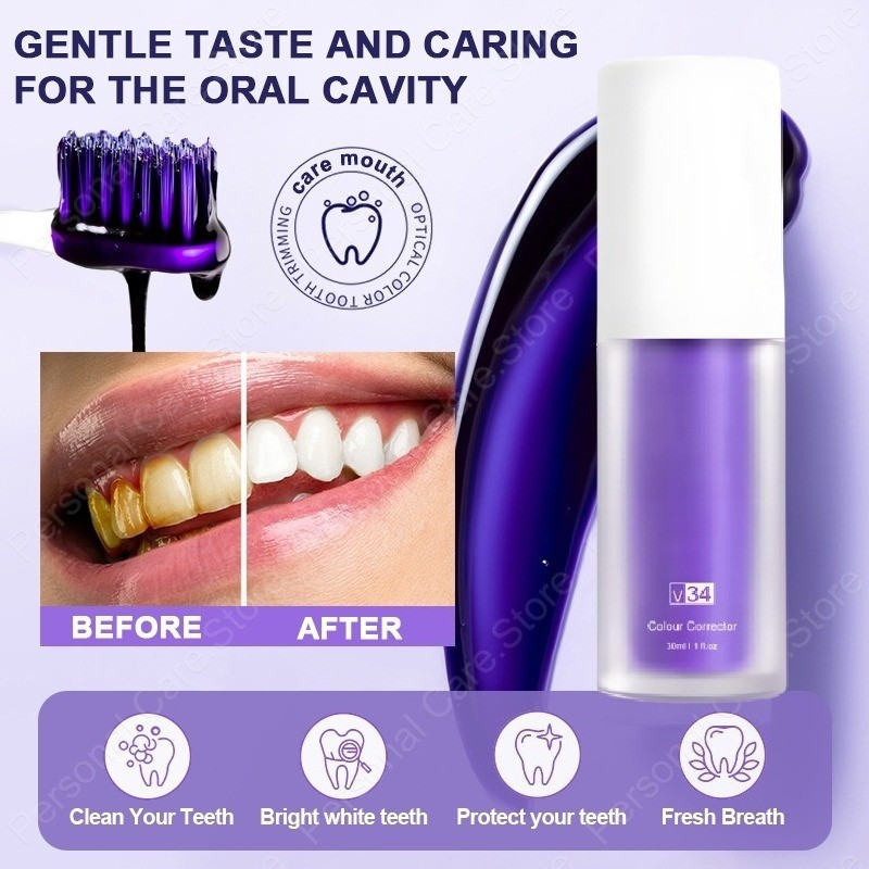 Pasta De Dente Corretiva De Cor Roxa V34 Para Dentes E Gengivas Sensíveis-Neutraliza Suavemente Manchas Amarelas Um Sorr