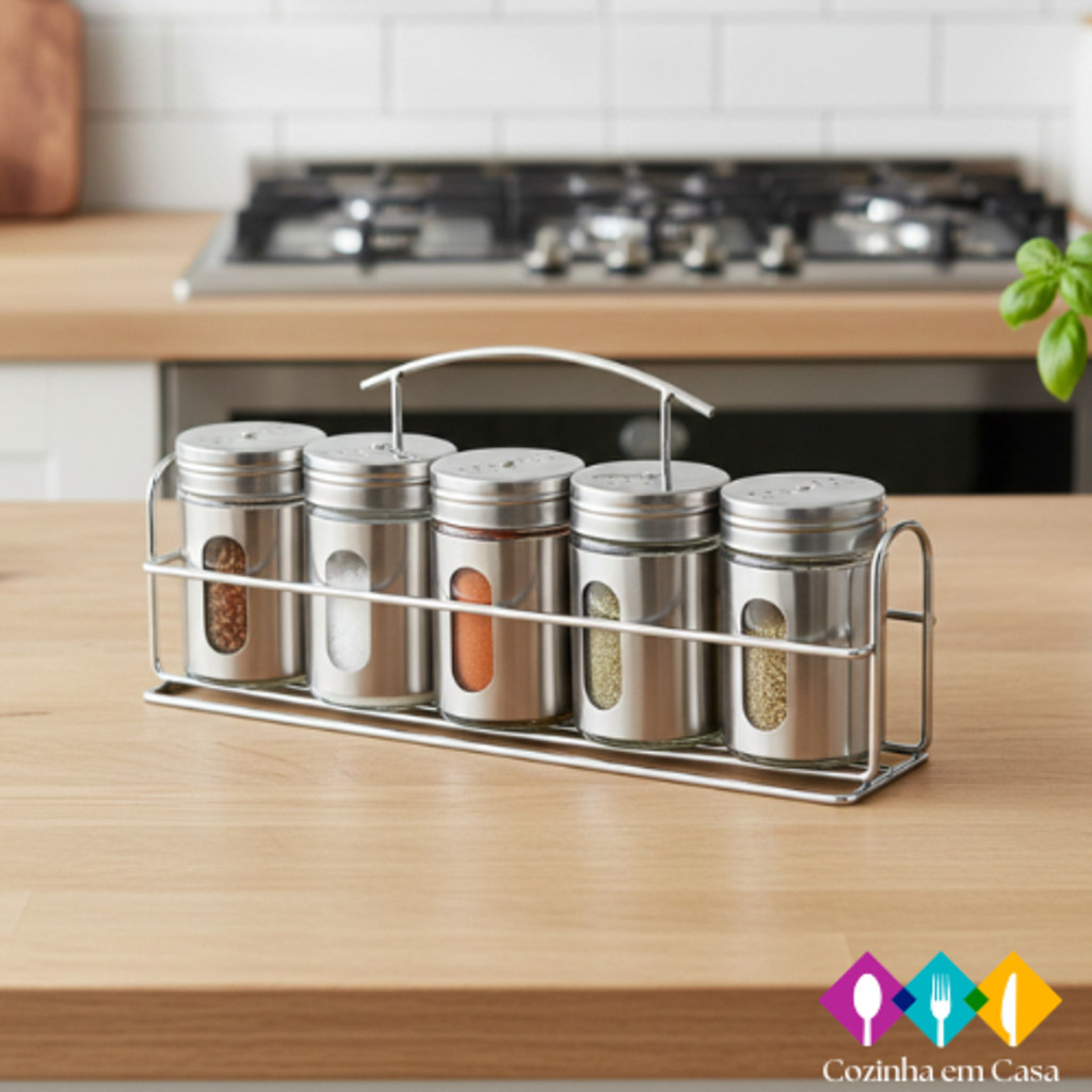 Porta Condimentos Temperos Inox 5 Pçs Com Suporte inox