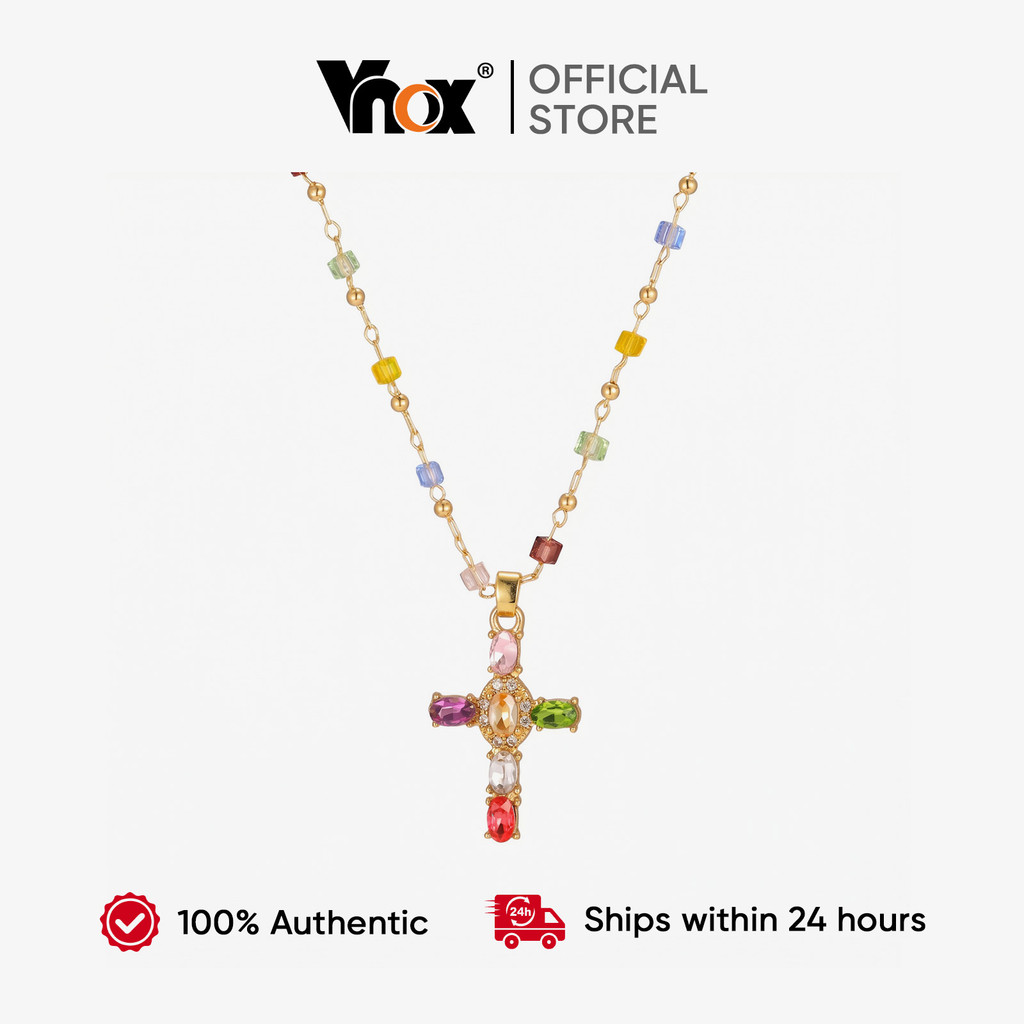 Colar Com Pingente De Zircônia Cruzada De Cristal Colorido Vnox Para Mulheres , Corrente De Clavícula Banhada A Ouro , P
