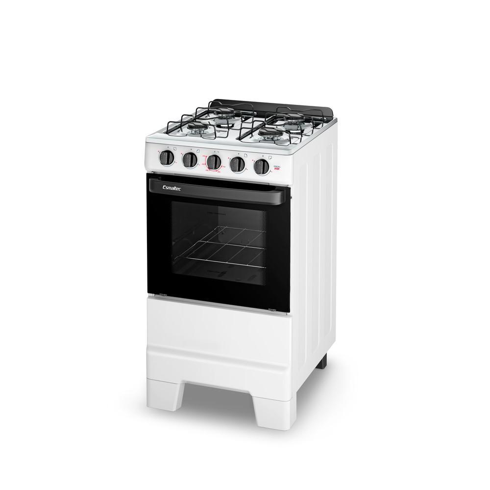 Fogão a Gás Esmaltec Ideal Pop 4 Bocas e Forno 50L Branco com Mesa Inox Limpa Fácil