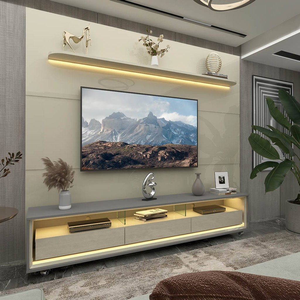 Rack com Painel para TV até 90 Polegadas com LED 100% MDF 219CMX240CM 3 Gavetas com Rodízios Royal Requinte Branco Off