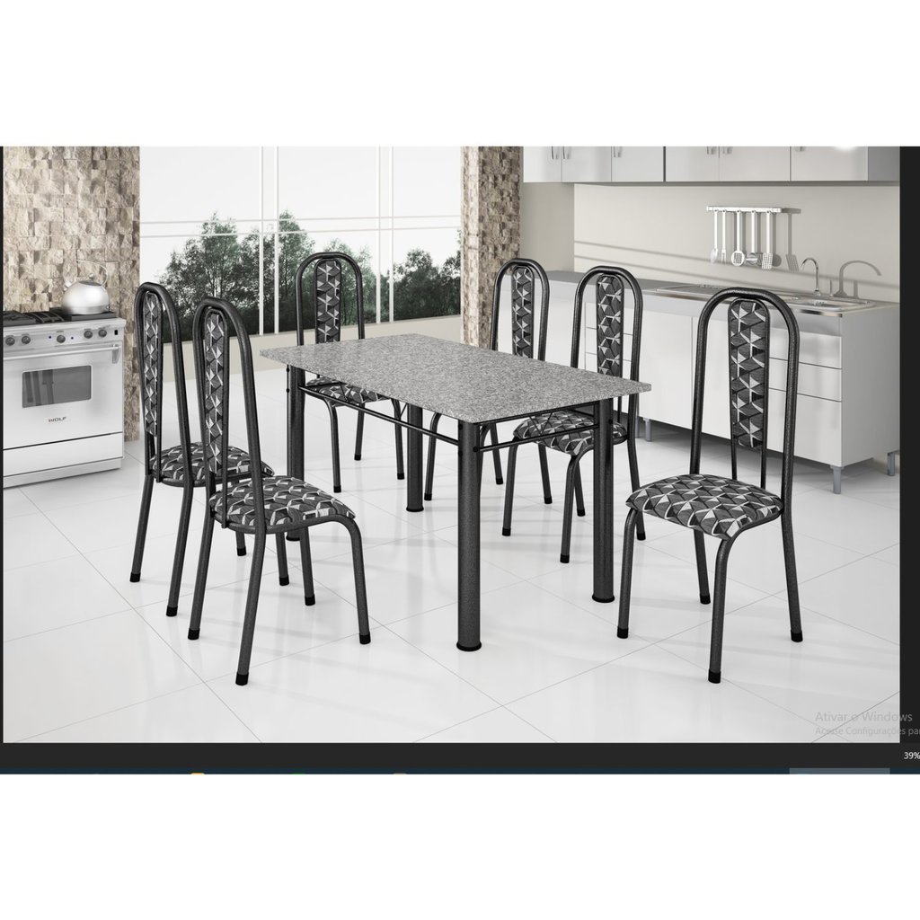 Conjunto Mesa Tubular com 6 Cadeiras Atenas Prata/Tubos Martelado/Estofados Mosaico Branco Pre