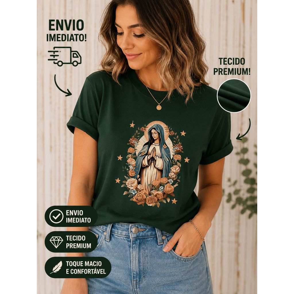 Camiseta Feminina Country Virgem Maria Estampada Estilosa Algodão T-Shirt