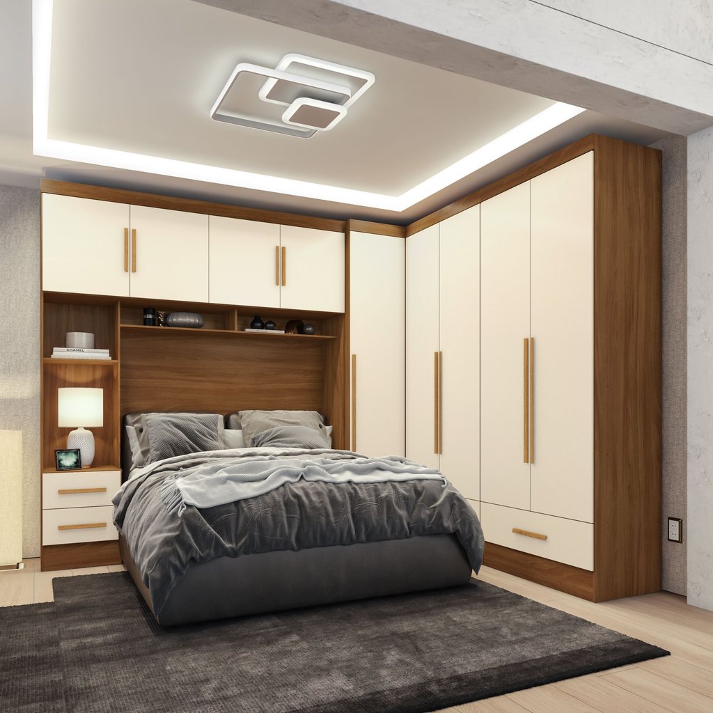 Quarto Modulado Casal Completo 4 Peças 5 Portas 4 Gavetas com Maleiro Smart Plus Yescasa Bege/Cinamomo Off/White