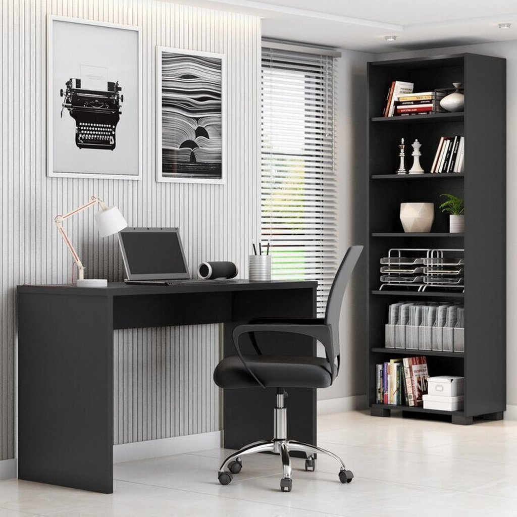 Conjunto 3 Peças com Cadeira para Escritório, Estante Livreiro e Escrivaninha Gávea Espresso Móveis Preto Preto