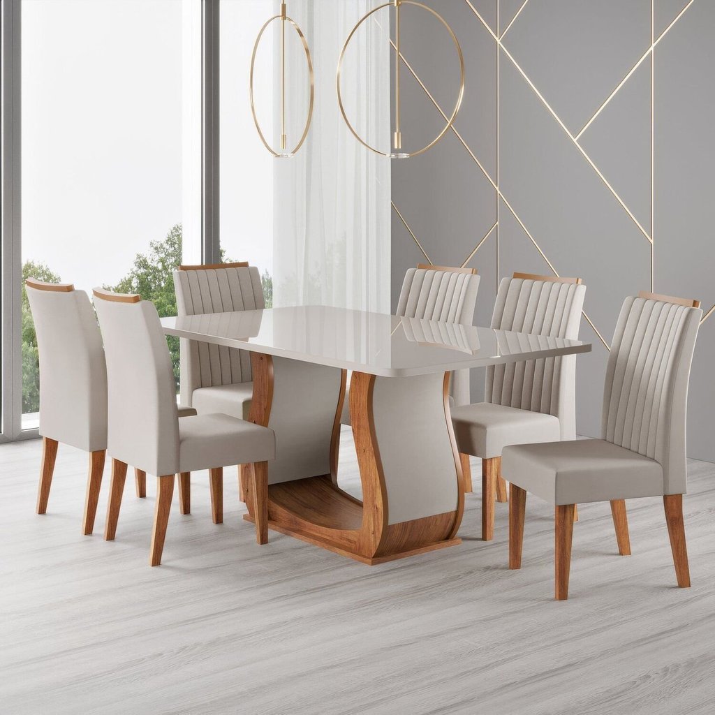 Conjunto Sala de Jantar Mesa 160x80,8cm Tampo com Vidro 6 Cadeiras Inspirare Yescasa Bege/Mel Bege/Mel