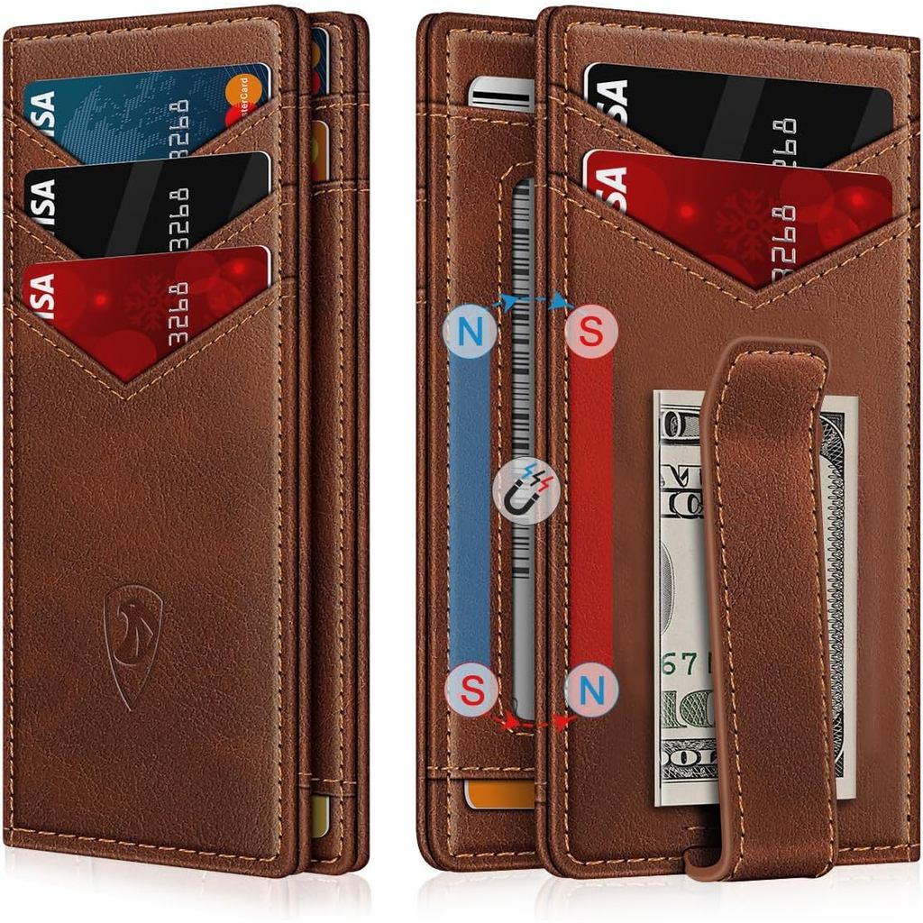 Carteira Masculina Slim de Couro para 12-15 Cartões, Porta-Cartões Minimalista com Bloqueio RFID, Clipe para Dinheiro e 