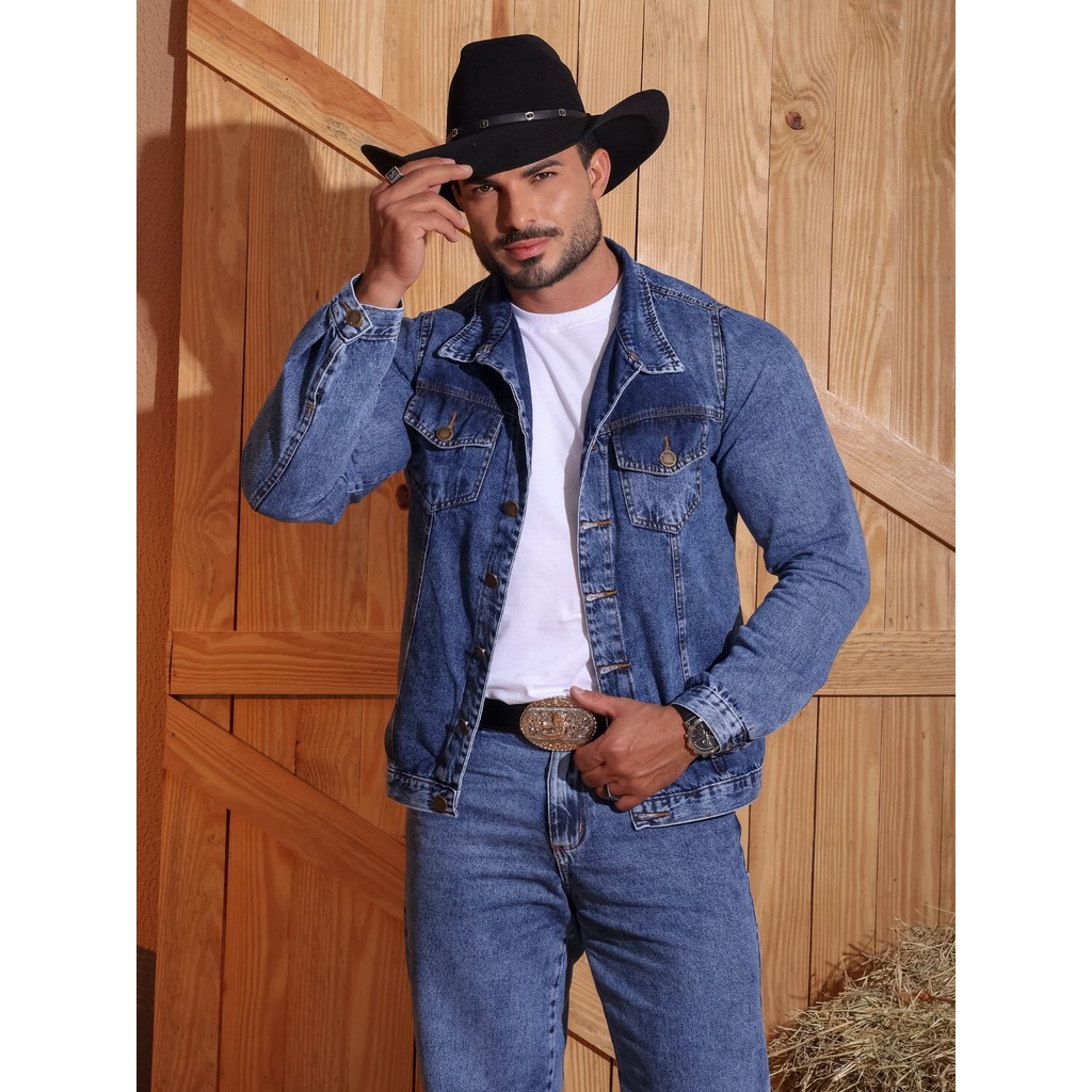 Conjunto 3 Peças Jeans Jaqueta Calça Baggy Oversize e Camisa Básica Masculino Estilo Moderno