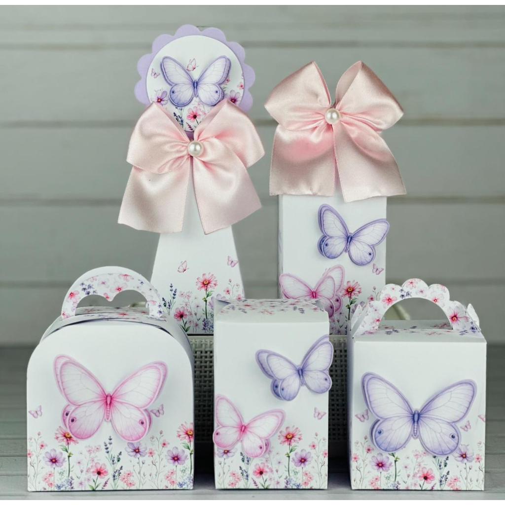 Kit Festa PEGUE E MONTE Jardim das Borboletas Lilás Personalizados Lembrancinhas Caixas Aniversário Caixinha Mimos