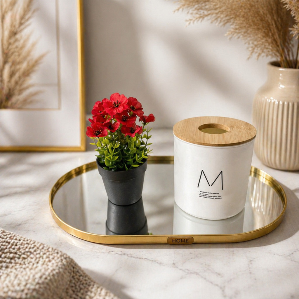 Conjunto de decoração premium: bandeja espelhada dourada, porta-lenços e enfeite floral.