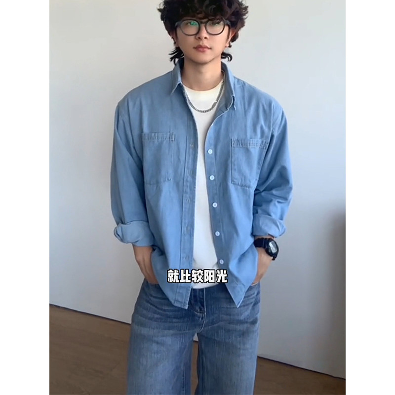 Camisa jeans masculina High-End coreano chique chique topo moda na moda Wear Yuppie camisa masculina de manga comprida