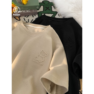 Waffle camiseta de manga curta masculina urso selo de aço verão Street Wear solto Casual texto bordado meia manga topo