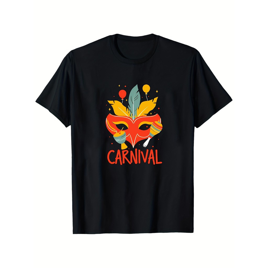 [Camiseta Vintage Masculina Algodão]HYP Oversized Unisex com Máscara e Maracas do Carnaval, Texto "Carnival", Moda