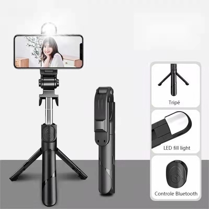 Pau de Selfie Tripé 3 em 1 Retrátil com Luz LED Embutida e Controle Bluetooth para Gravação e Fotos em Celular