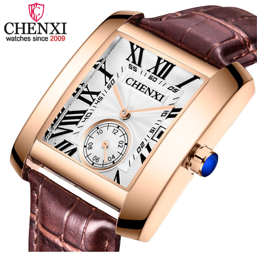 CHENXI Vintage Clássico Quadrado Marrom Pulseira De Couro Relógios De Moda Quartzo Masculino Montre Femme