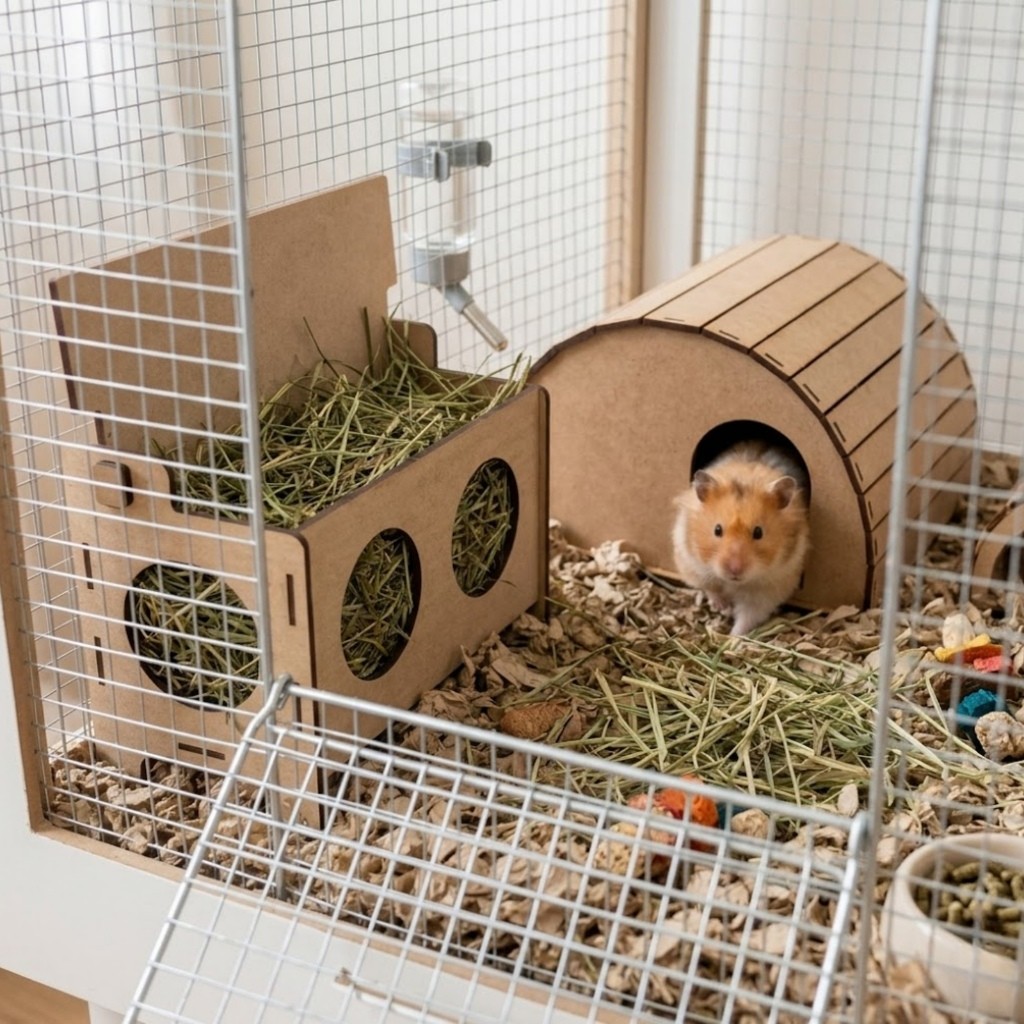 Casinha para Hamster + Porta Feno Organizador em MDF - Kit Roedores