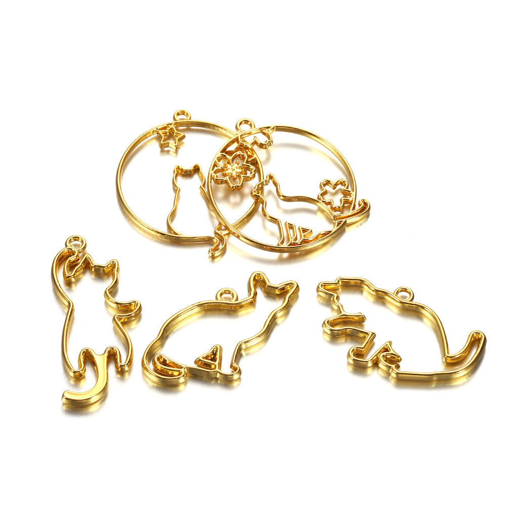 Conjunto 5 Modelos/Lote Naughty Forma Gato Moldura De Ouro De Pingente De Resina UV Jóias Para Fazer DIY Acessórios