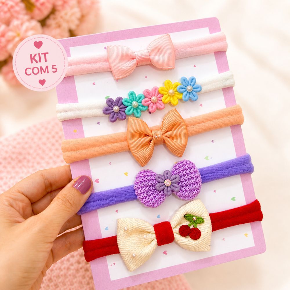 Kit 5 Faixinhas Bebê Meia de Seda Luxo Confortável Não Aperta kit com 5 Faixas Infantil Menina Delicada Colorida