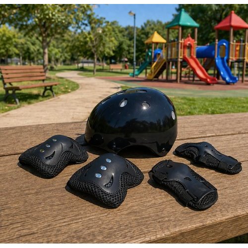 Kit Protecao Infantil Completo Capacete Ajustavel 7 Pecas Preta Roler Patins Skate Patinete Moto