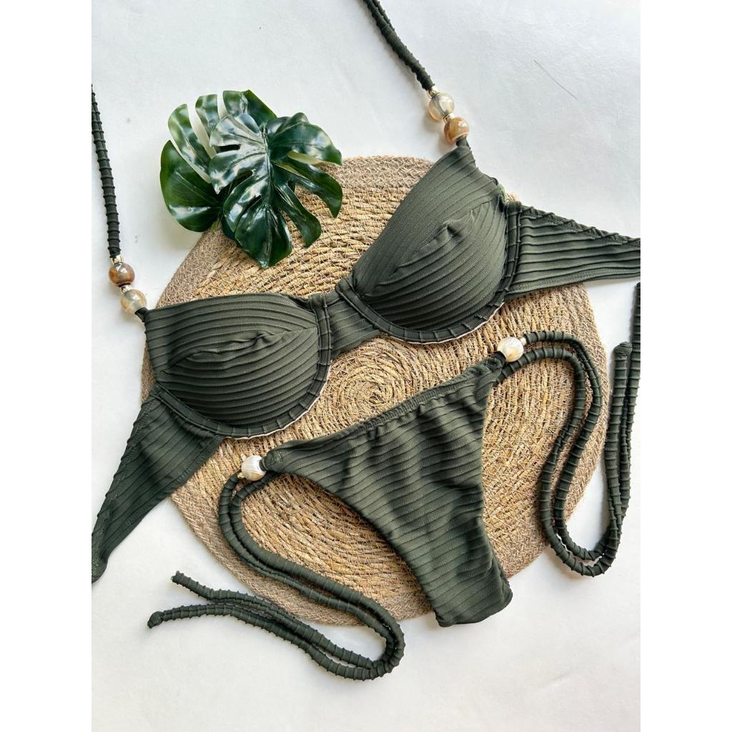 Biquíni meia taça com aro retro com bojo removível praia verão brilhante
