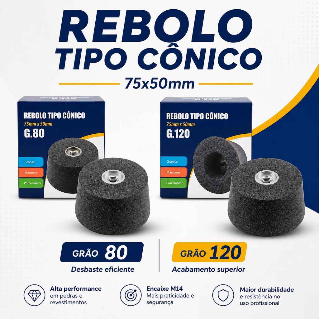 Rebolo Cônico 75x50mm Grão 80 120 Desbaste e Acabamento Porcelanato Cerâmica Mármore Acabamento