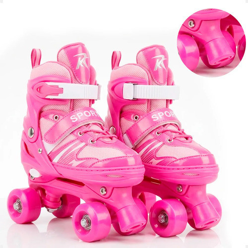Patins Infantil 4 Rodas Ajustável Rosa Criança Menina Roller Quad Confortável Regulável Ursen