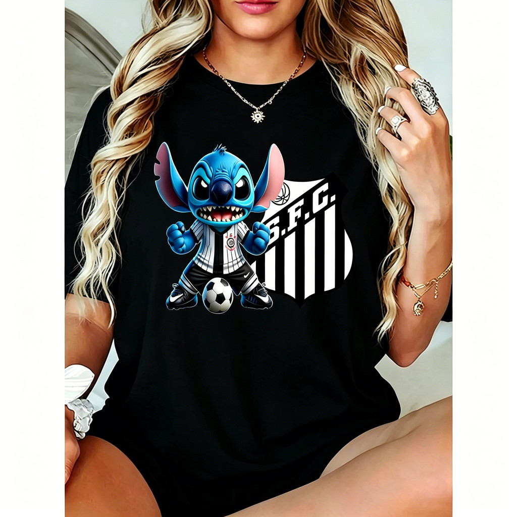 「BR.Moonlight」Camiseta Unissex Stitch x Santos S.F.C. Tema Futebol Estampa Fofa Confortável Linda Moderna Moda
