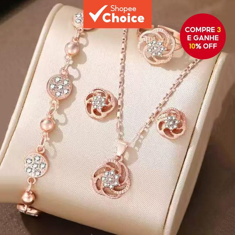5 Peças Conjunto De Joias De Coração Adegree Feminino Contas De Pérola Brincos Anel Colar Camada Dupla Zircão