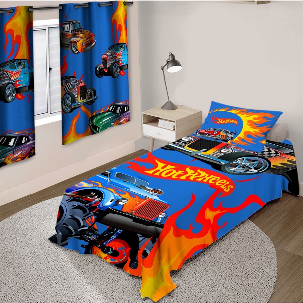 Kit Jogo de Quarto Infantil Cortina Jogo Lençol Cobre Leito Tema Carros Hot wHeels | Entrega rápida