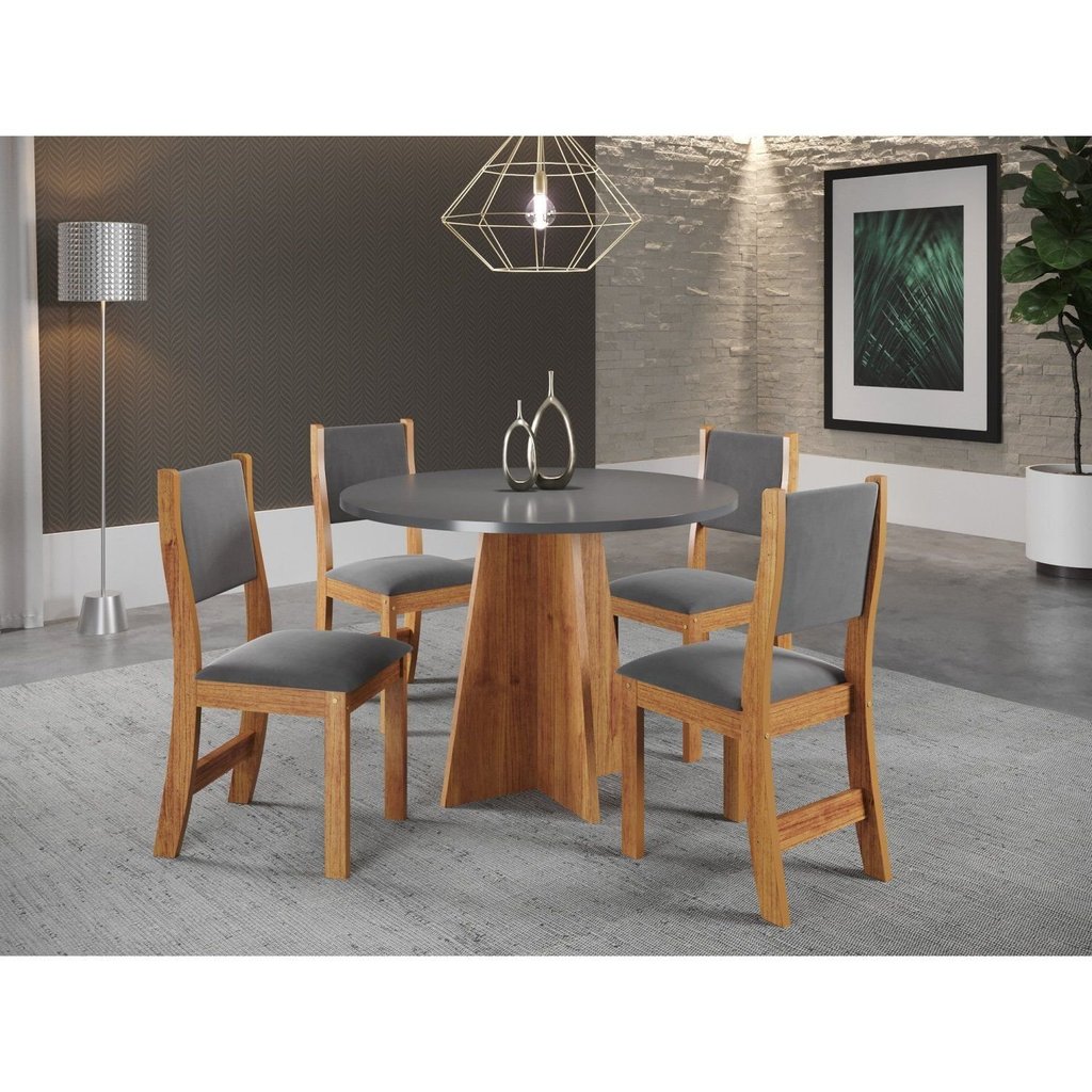 Conjunto Sala de Jantar Mesa Chilli 90cm Tampo Redondo com 4 Cadeiras Sol Cinza/Mel/Brilho/Grafite Mel/Cinza