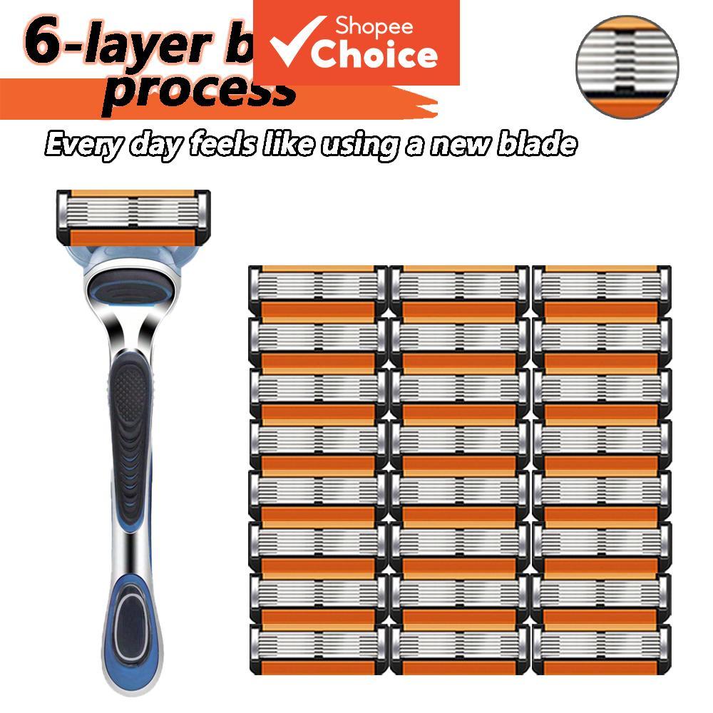 Conjunto De Barbeador Manual Masculino De 6 Camadas – 1 Alça E 24 Lâminas , Compatível Com Gillette Fusion , Suave , Sem